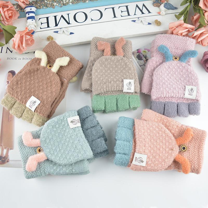 New Women's Half-finger Flip Three-dimensional Ear Warm Gloves Winter Outdoor Cycling Sports Gloves