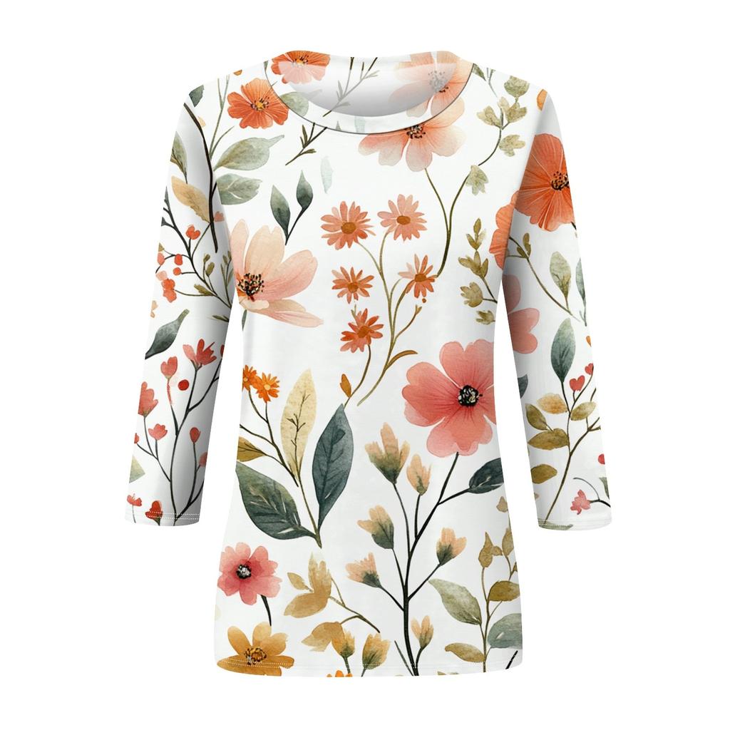 Women's Fashion Casual Round Neck Printed 3/4 T-shirt Top