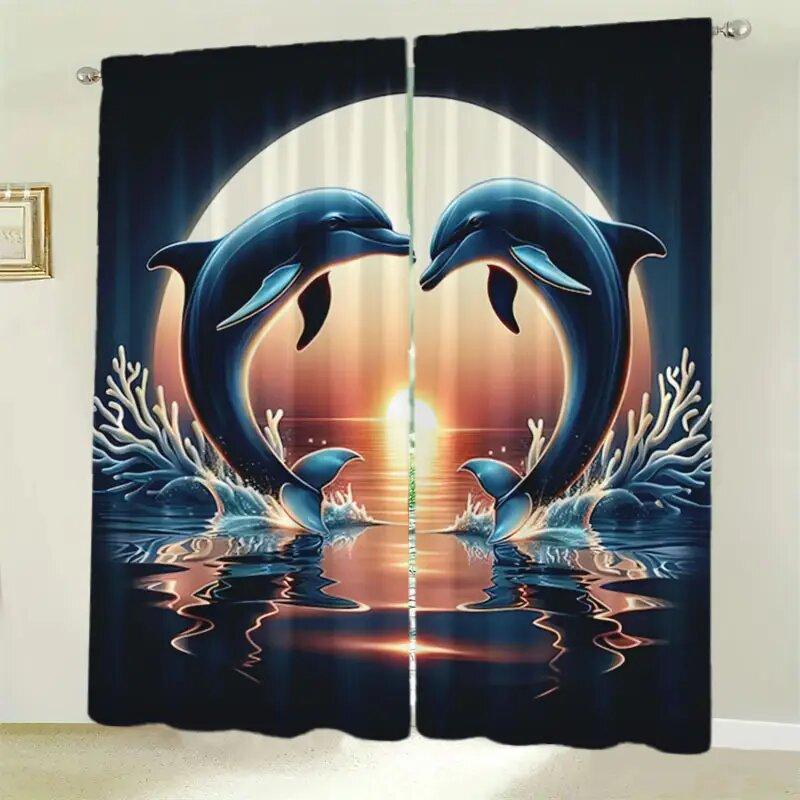 Set Of 2 Dolphin Jump Print Pole Bag Curtains Bedroom Kitchen Decoration Home Living Room Curtain For Great Made Polyester