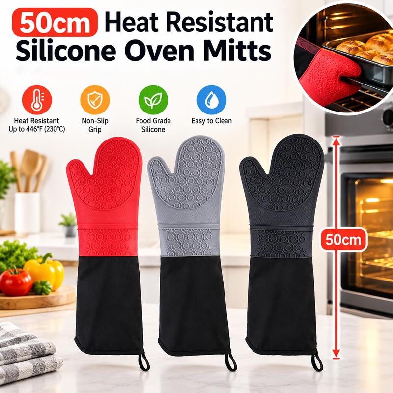 19.6 Inch Silicone Oven Mitts Heat Resistant Oven Gloves Non Slip Waterproof Gloves Cotton Lining Baking Cooking Kitchen Mitts