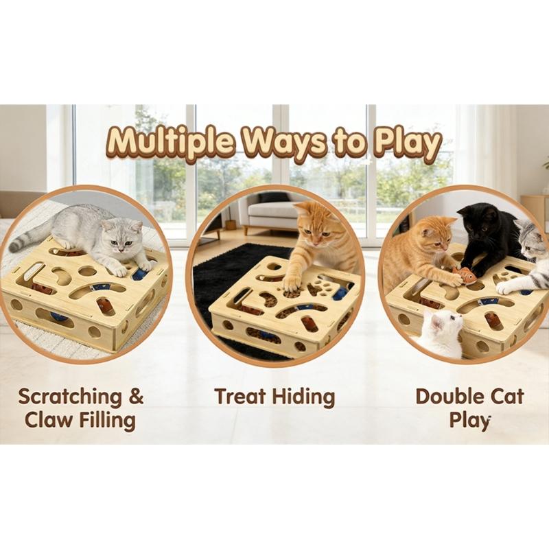 Stable Interactively Wooden Cats Scratching Toy Puzzle Mazes and Bells Ball for Engaging Playing and Natural Claws Care