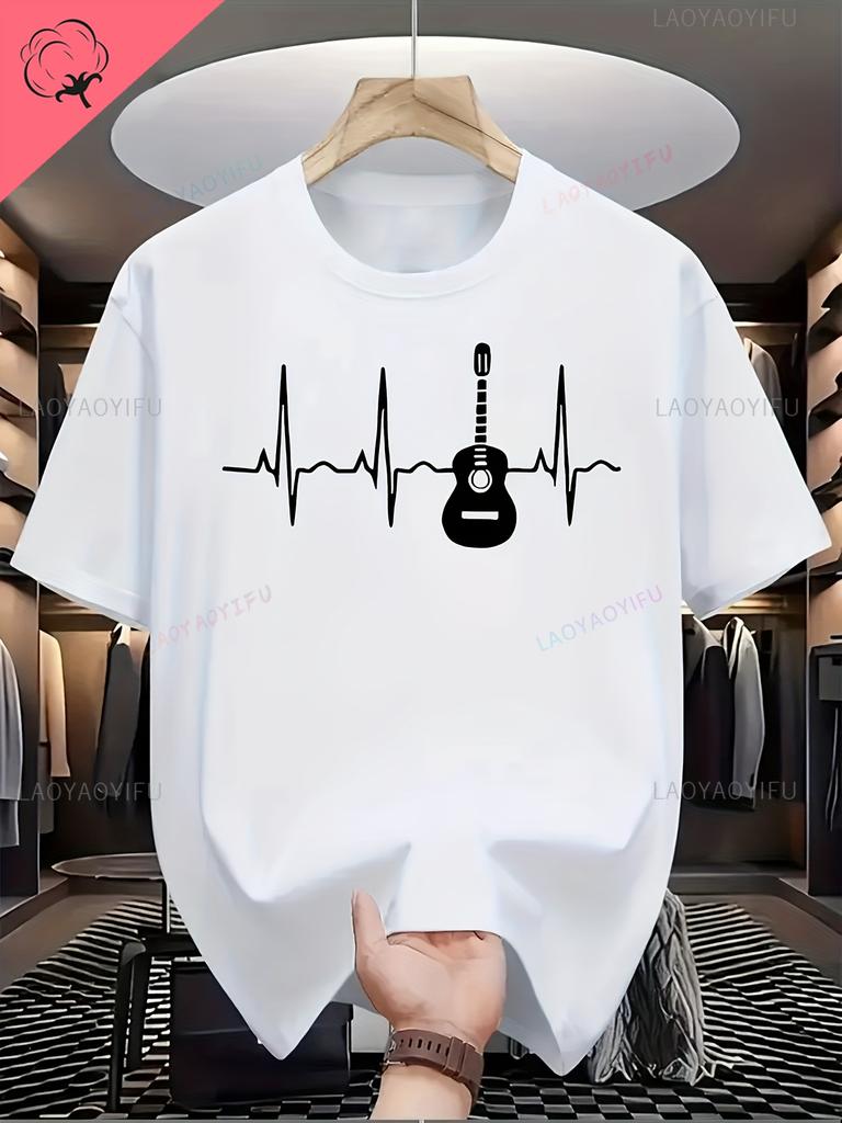 MenS Casual Short Sleeve Harajuku Oneck Printed TShirt Breathable Summer Harajuku with Guitar Heartbeat Line Casual Tee