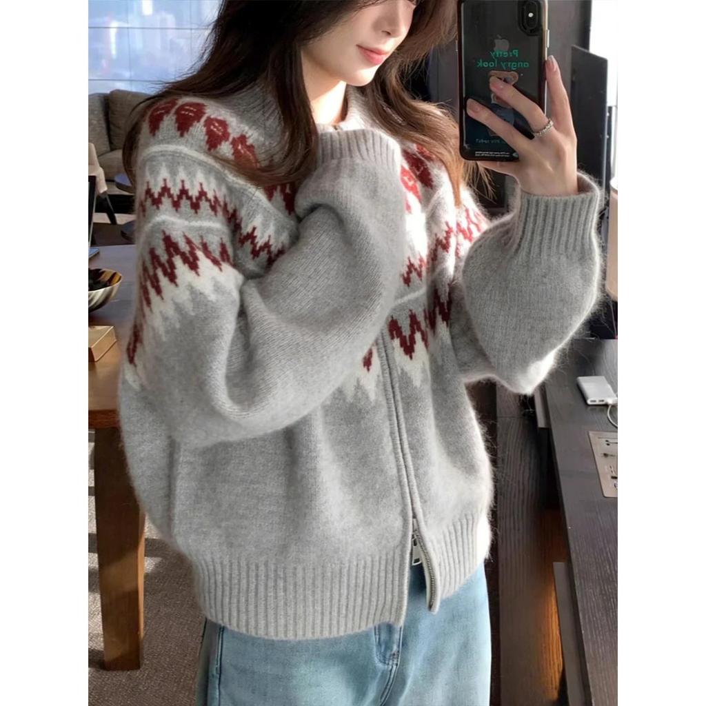 Women's Floral Grey Jacquard Double Zipper Knit Cardigan - Early Spring Vintage Color Block Design