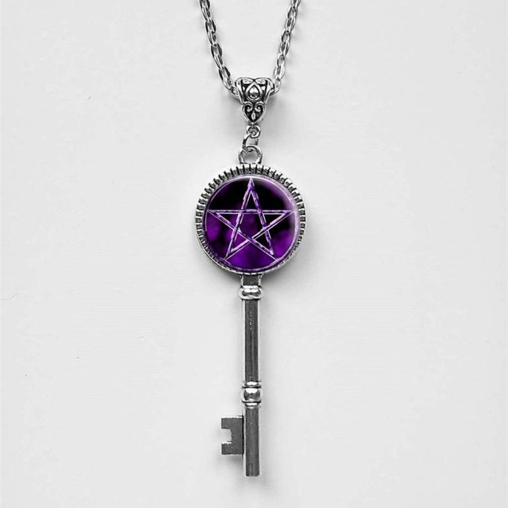 Fashion Classic Five-pointed Star Glass Key Pendant Necklace for Men Women Key of Solomon Magic Array Jewelry Accessories Gifts