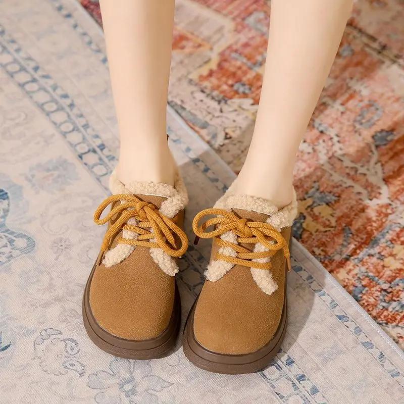 Fashion Ladies Snow Boots with Laces Black Suede Round Toe Elegant Low Heels Female Shoes Lace-up Y2k Lamb Winter Waterproof Non Slip 39