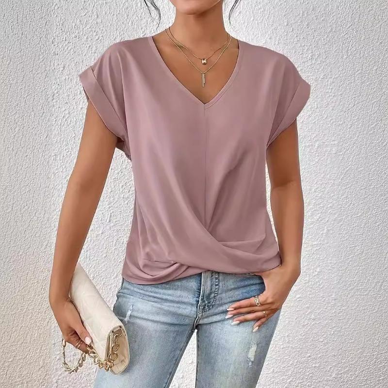 Autumn new products women's lightweight breathable V-neck T-shirt elegant knotted loose short-sleeved top women