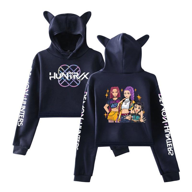Kpop Demon Hunters Crop Tops Cat Ears Sweatshirt Long Sleeve Girls Fashion Hoodie Autumn Winter