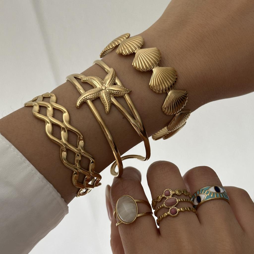 Stainless Steel Metal Starfish Shell Coral Bracelet For Women Gold Color Retro Flower Stripe Texture Cuff Bangle Party Jewelry