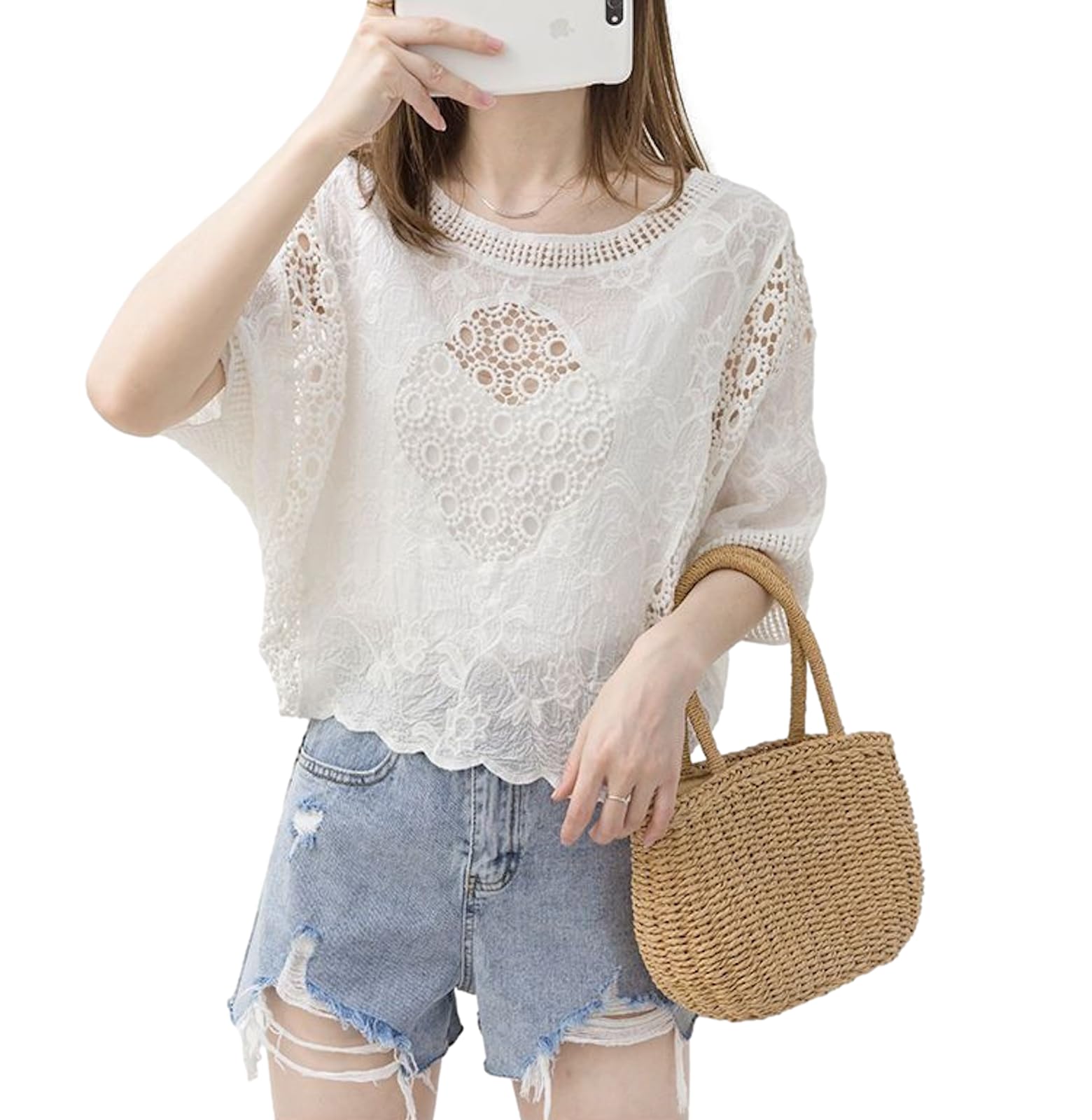 

Кружевная блузка хавели, короткая, цветочная, свободная, корейская, однотонная, с круглым вырезом, рукавами долман и стильная, женская, рукав, прозрачная, с принтом, по фигуре, женственная, стильная, повседневная, стиль, белый