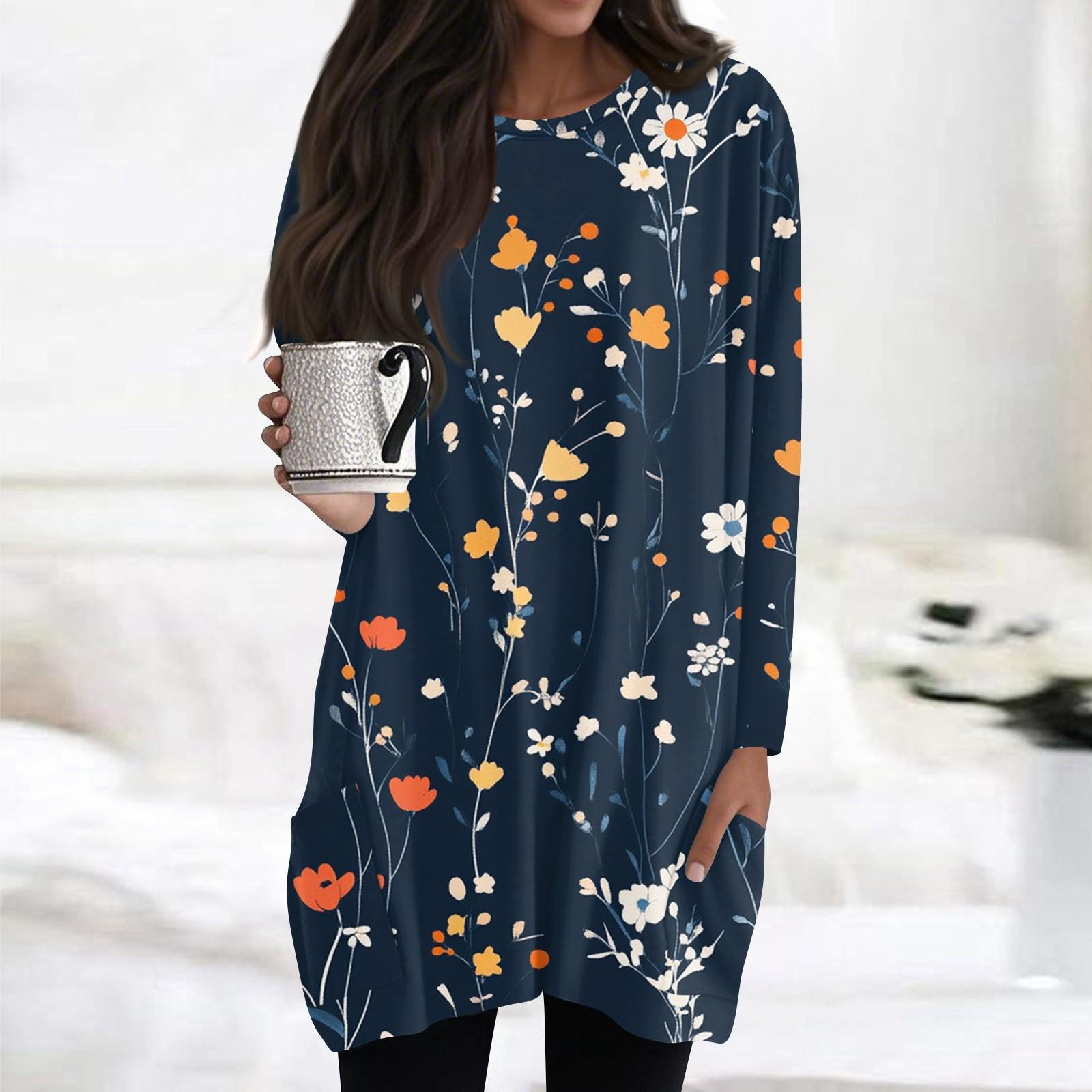 

Женские топы с круглым вырезом, блузки с длинным рукавом, повседневные рубашки средней длины, модные туники с принтом и карманами XL