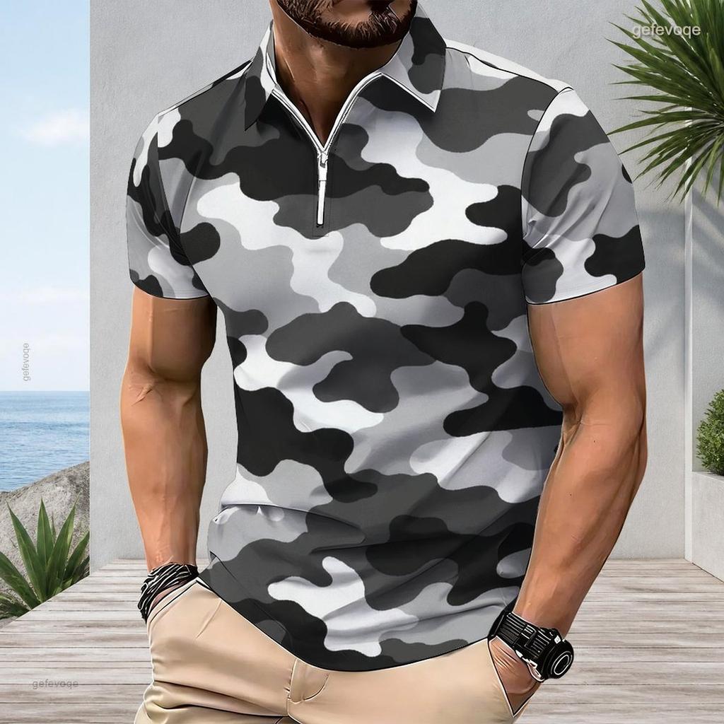 Men Plus Size Short Sleeve Quarter Zip Collared Blue Camouflage Printed Polo Shirt