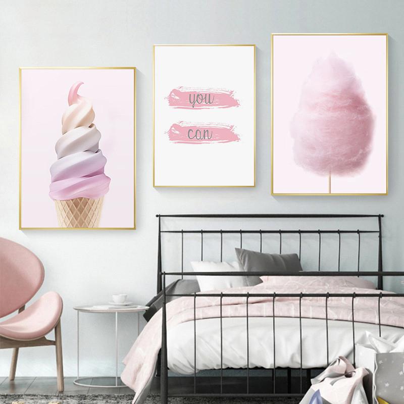 Baby Girl Decor Canvas Wall Art Pink Marshmallow Ice Cream Poster On Wall Frameless Nordic Paintings for Interior Room Decor No Frame