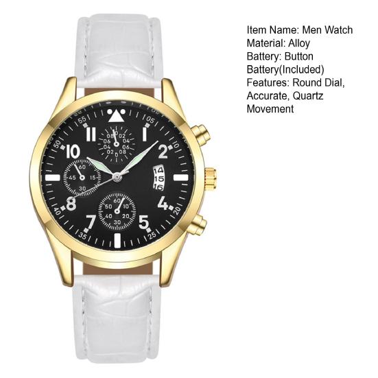 Men Luminous Watch with Faux Leather Strap Round Dial Calendar Casual Formal Watch Accurate Quartz Analog Wristwatch Birthday Gift