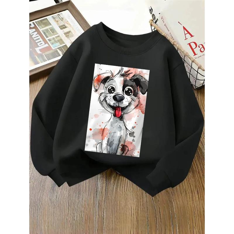 Girls' Crewneck Sweatshirt - Cute Dog with Watercolor Splashes Machine Washable, Spring And Autumn, Sportswear And Casual Wear