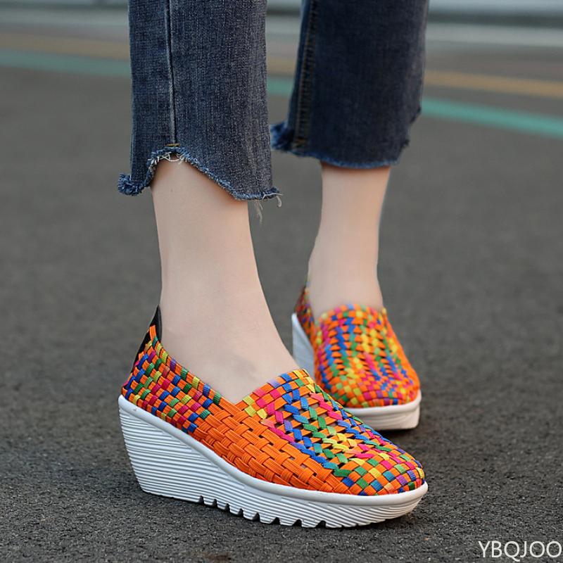 2025 Spring Women's Weaving Sports Slope Heel Shoes Women's Casual Breathable Thick Bottom Sports Walking Shoes Zapatos De Mujer
