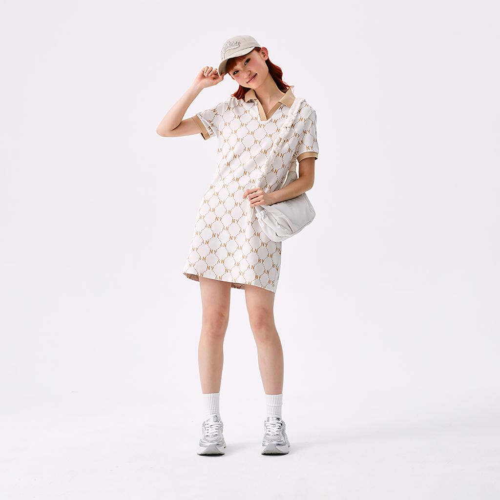 New MLB MONOGRAM Collection New York Yankees SS25 Short Sleeved Dress Women's Ivory White 3FOPM0453-50IVS