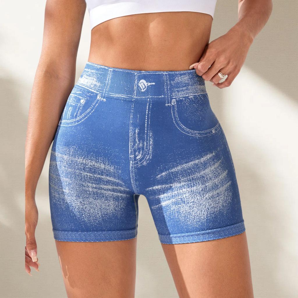 Imitation Denim Seamless Yoga Shorts for Women, Rear V Waist Hip Lift Quick-drying Tight Running Fitness Shorts