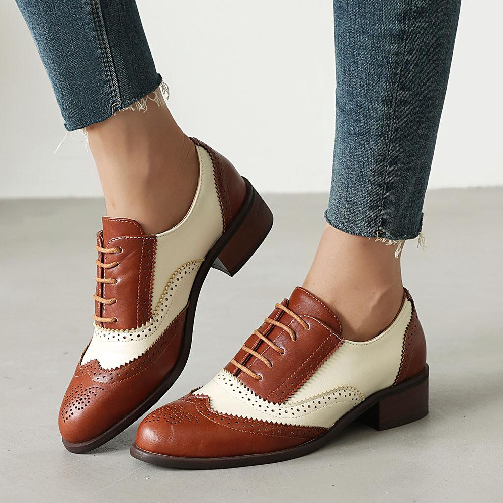 

Большие размеры 48 женские туфли-лодочки контрастного цвета со шнуровкой и ажурным вырезом, нарядные туфли на толстом каблуке с круглым носком, удобная повседневная обувь 41