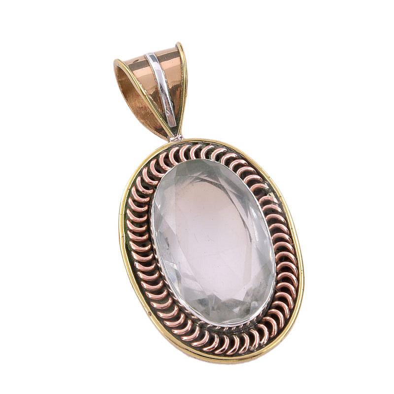 Natural Crystal Quartz 925 Solid Sterling Silver Gift TwoTone Pendant 1.50" Q8U51