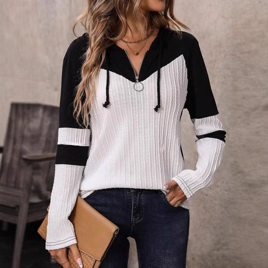 New Women's Top with Zipper Closure Knit Sweater Long Sleeve Color Block T-Shirt for Women