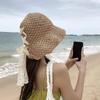 Women's Straw Panama Sun Hat with Lace-Up Bow & Ponytail Hole - Wide Brim Foldable UV Protection Bucket Hat for Beach Travel