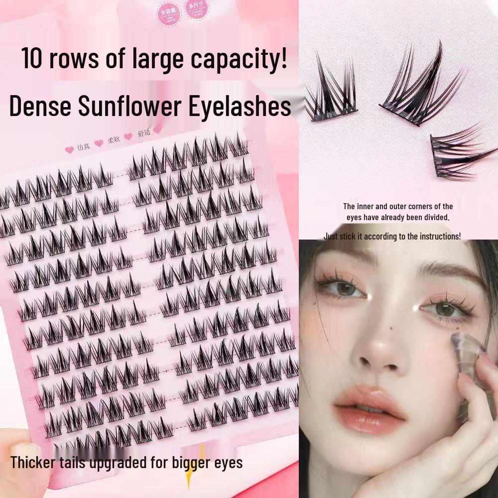 Dense Sunflower False Eyelashes - 10 Rows, Super Natural, Single Cluster, Perfect for Beginners