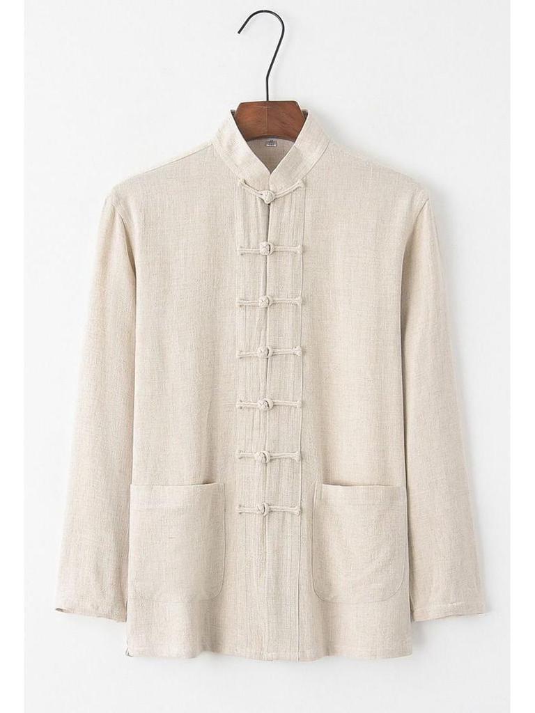 Men's Retro Chinese Style Cotton-Linen Long-Sleeve Tang Suit Hanfu Tai Chi Zen Top