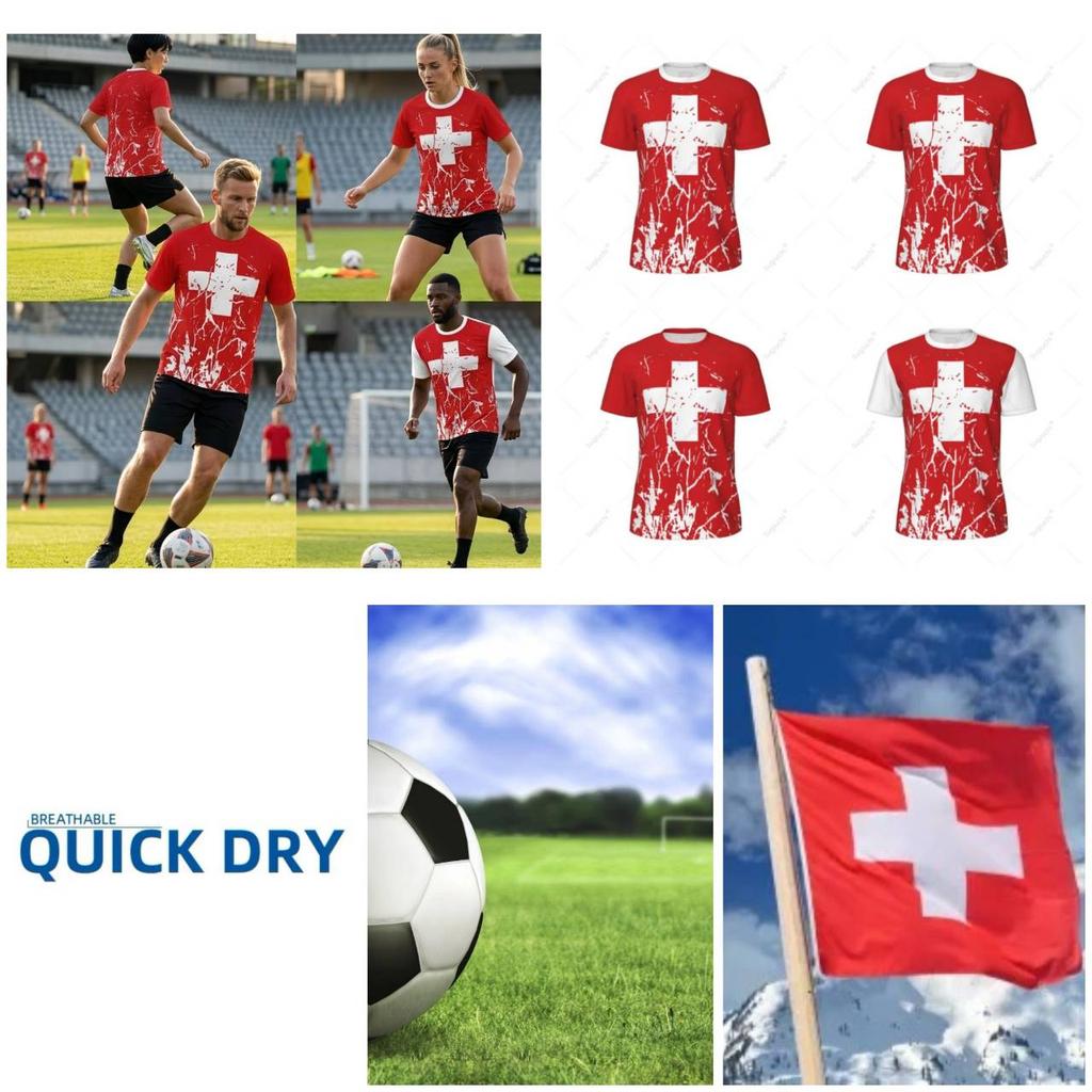 Swiss Switzerland Soccer Football Tshirt 3D Print National Flag JERSEY Training Round Neck Unisex Men Women Sport CHEER Short Sleeve Uniform