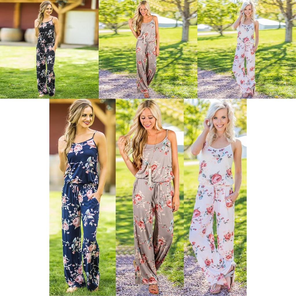Floral Women Summer Long Wide Leg Pants Strappy Casual Beach Jumpsuit Us Romper