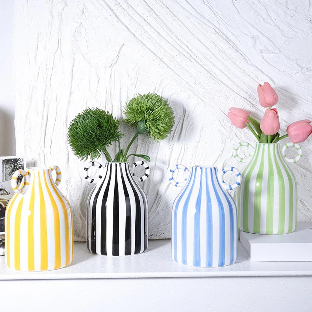 Geometric Striped Ceramic Vase Double-eared Ceramic Pot Shape Flower Vase Flower Arrangement Accessories Home Decoration