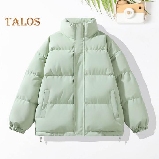 Men Cotton Coat Stand Collar Long Sleeve Solid Color Zipper Placket Quilted Jacket Drawstring Hem Thickened Loose Fit Outwear