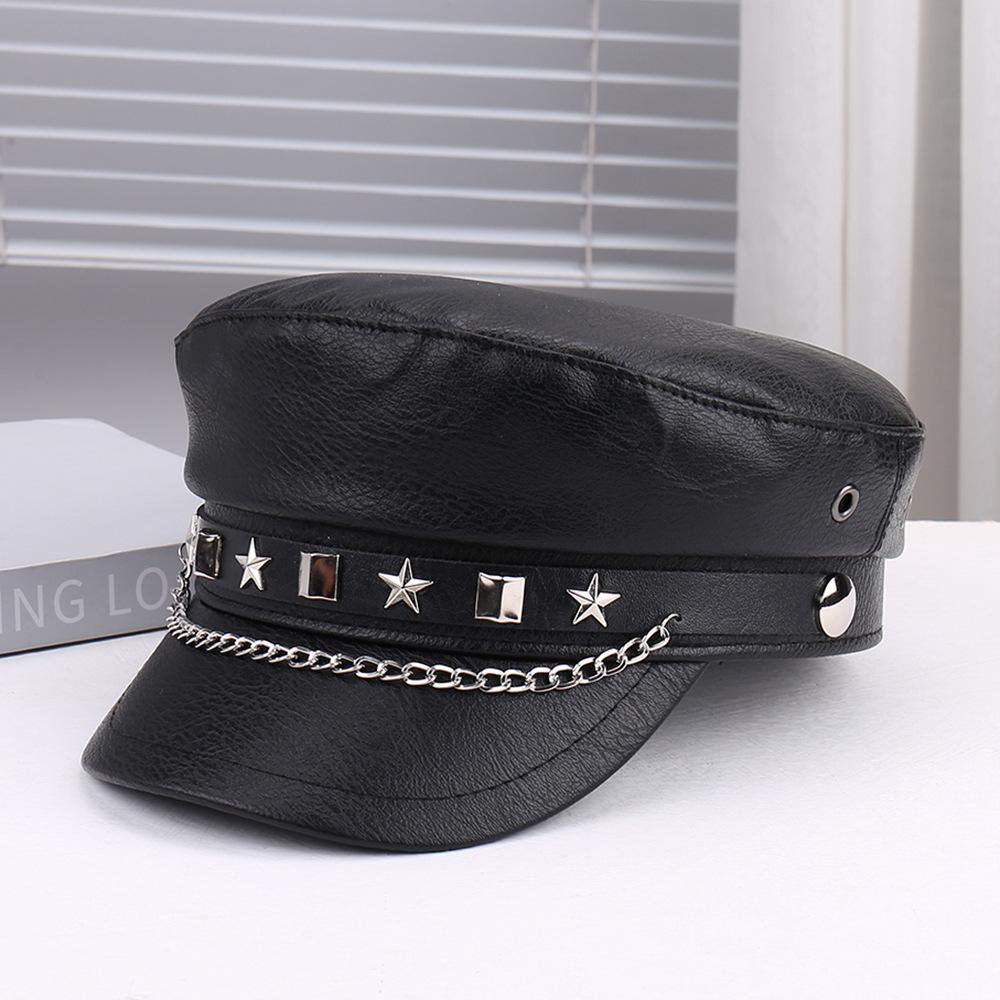 Punk Stil Flache Kappe Herren und Damen Persönlichkeit Leder Lange Nieten Leopardenmuster Silberne Kappe