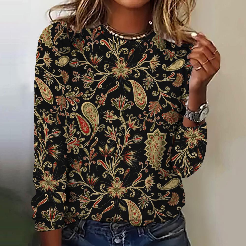 Retro flower 3D printed women s round neck long sleeved T-shirt XS