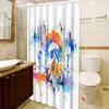 Vibrant Cityscape Shower Curtain - Cyclists & Umbrellas, Dynamic Urban Design, Polyester, 12 Hooks,  Modern Bathroom Decor