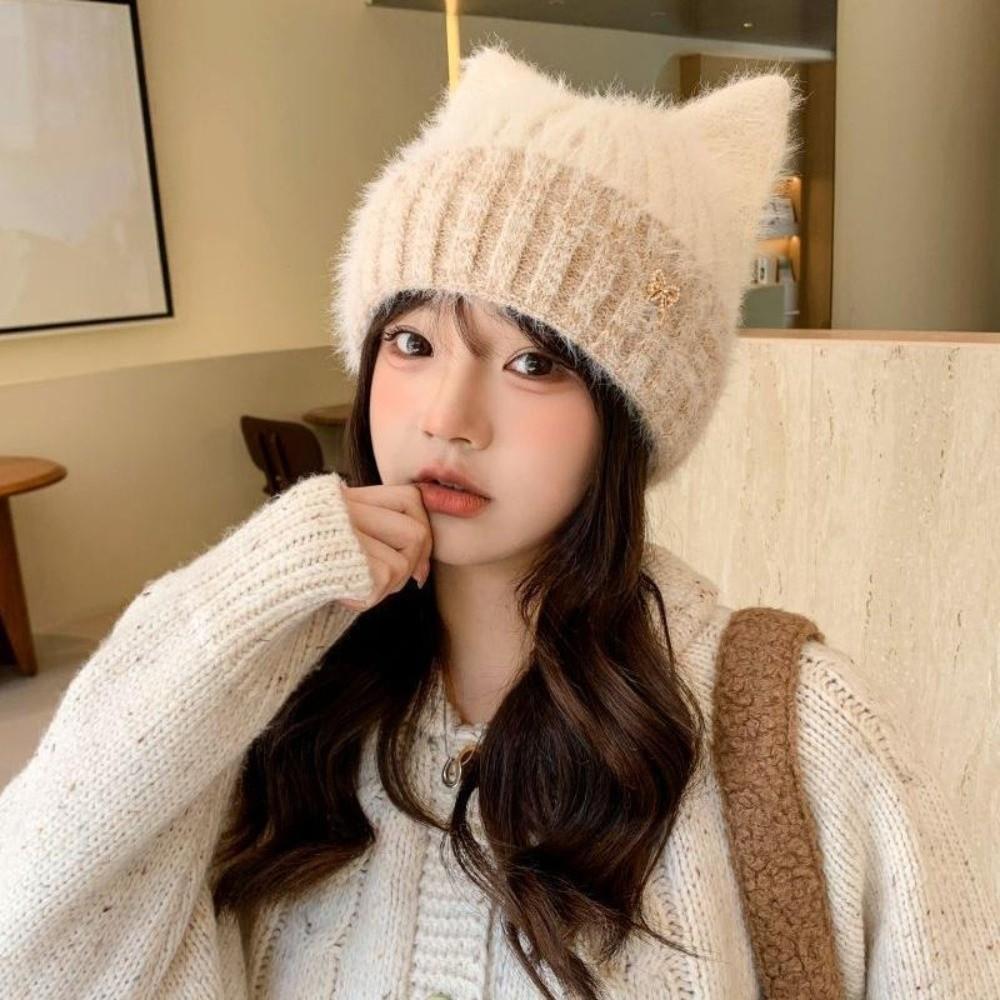 Plush Lining Knitted Hat Windproof Beanie Cap Cute Ear Protection Cap Autumn Winter