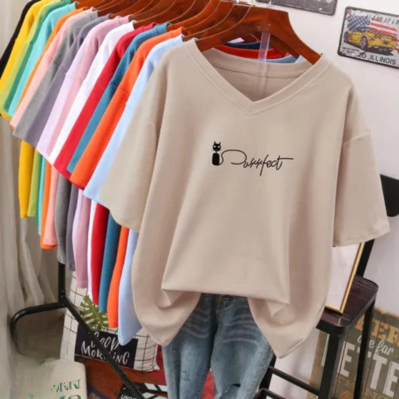 Short-sleeved T-shirt for Women, Large Size, Loose and Slimming, Printed V-neck Top