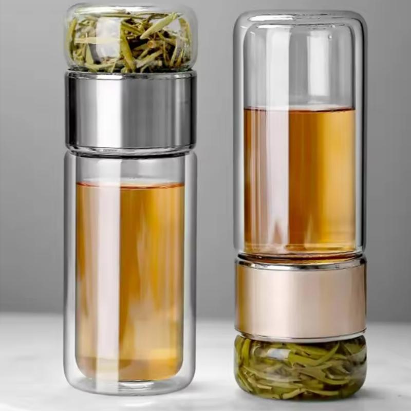 Hohe Borosilikatglas Teewasserflasche Doppelschichtiger Infuser Tumbler mit Teefilter Trinkgeschirr Wasserbecher für Aufbrühflasche