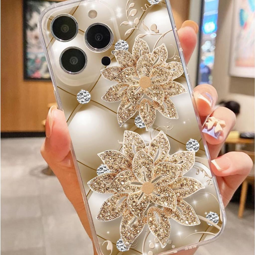 iPhone 14/15/16/17 Pro Max Gold Diamond Floral Anti-Drop Transparent Protective Case