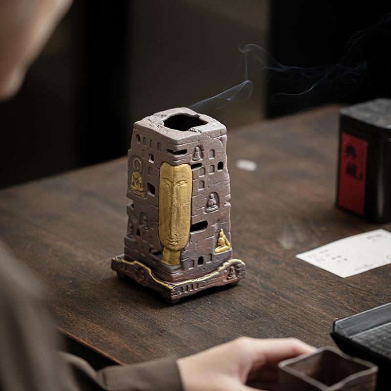 Zen Buddha Shadow Ceramic Incense Burner Old Rock Mud Insertion Censer Burner Holder Aromatherapy Furnace Teaware Ornaments Gift