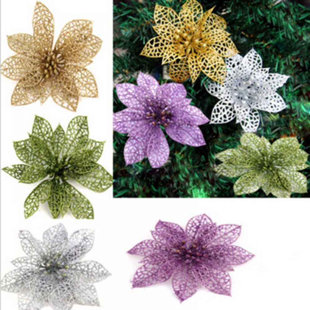 Xmas Tree Decoration Sticky Texture Glitter Fake Flower Christmas Gift 10cm For Home Decoration Garden Decor Christmas Party