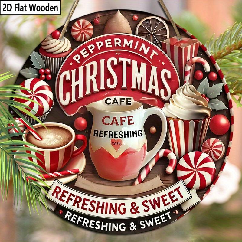 2D Flat 1pc Christmas Hot Drinks Wooden Sign Decoration, Round Embossed Effect Front Door Wall Decoration, Suitable for Home Office Decoration