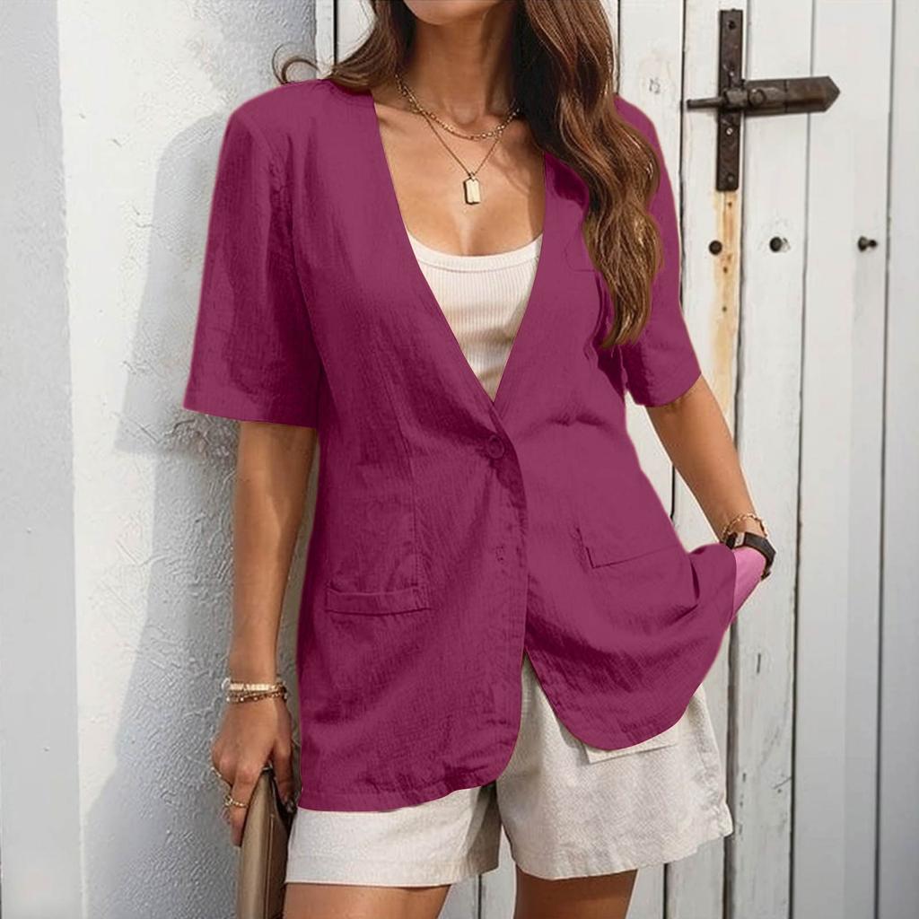 Women's  Work Casual Short Sleeve V-Neck Single Button Solid Color Coat