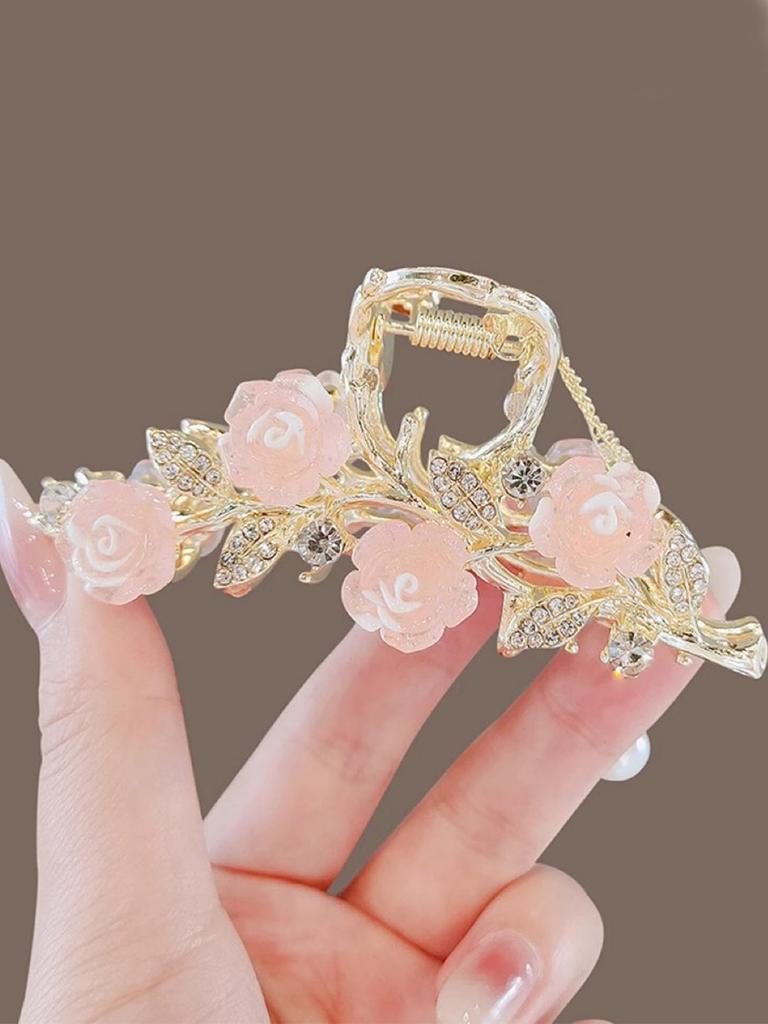 1 st Mode Utsökt Strass Rosa Rosblomma Pärltofs Hårklor För Kvinnor Flickor Fest Håraccessoarer