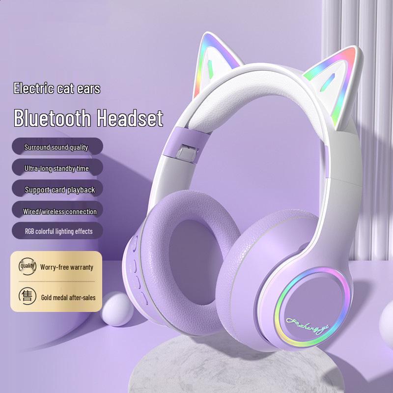 Luminous Cat Ear Bluetooth 5.3 Headphones with Card Slot for Gaming and Online Classes