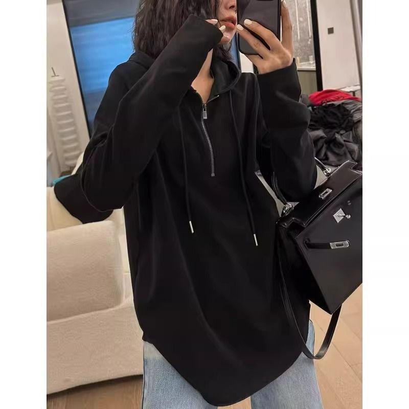 Women's Dark Gray Hooded Long-Sleeve Loose-Fit Half-Zip Top for Autumn/Winter