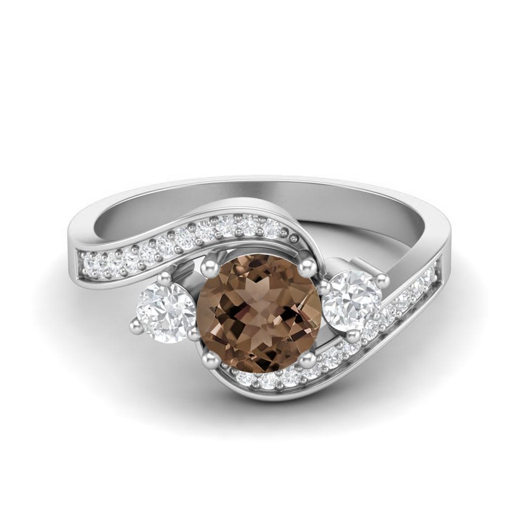 6mm Round 925 Sterling Silver Smoky Quartz Three Stone Bypass Women Wedding Ring