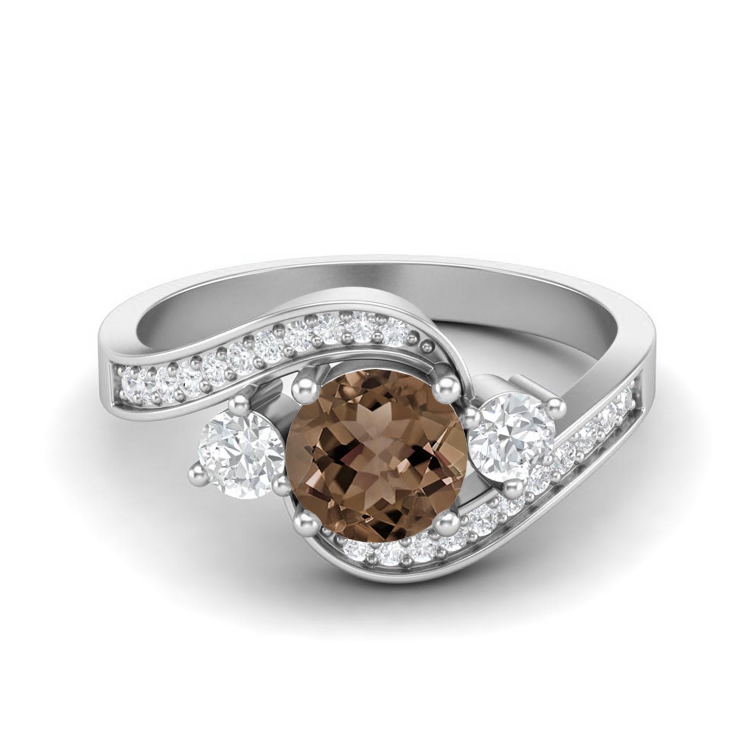 6mm Round 925 Sterling Silver Smoky Quartz Three Stone Bypass Women Wedding Ring 12 белый