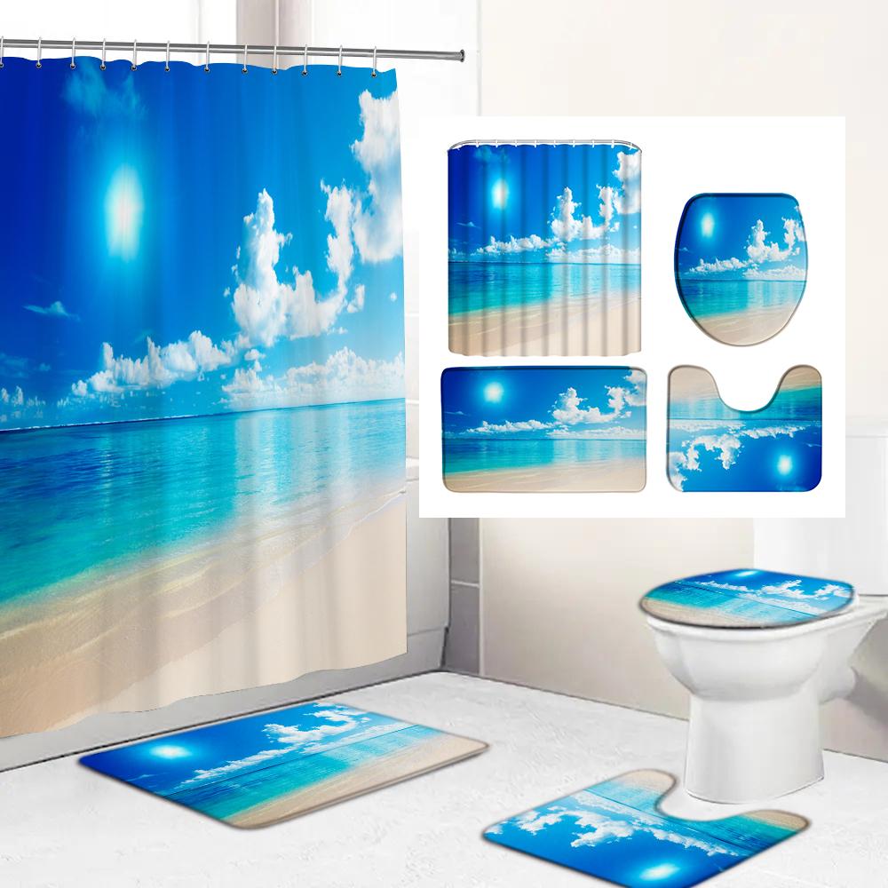 Seaside Scenic Beach Bath Curtain Sea Ocean Print Shower Curtains Bath Mat Set Polyester Waterproof Toilet Rugs Anti-Slip Carpet
