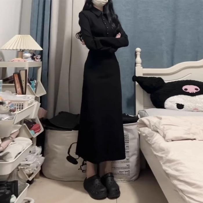 

French dress slim-fitting long-sleeved shirt early autumn temperament waist and thin lapel hip-wrapped long dress elegant S