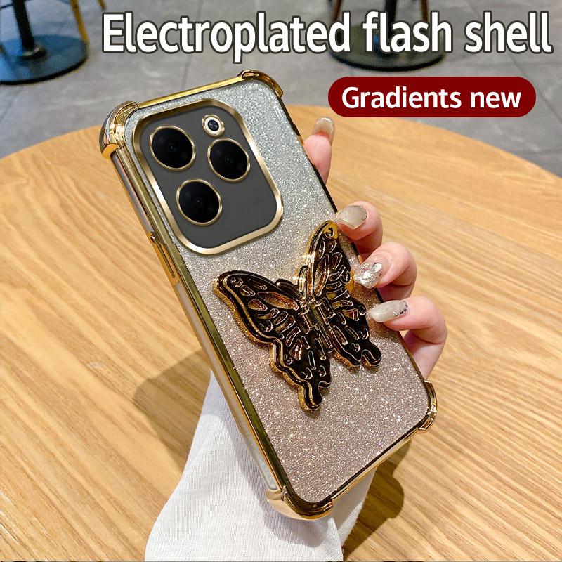 Luxury Plating Shockproof Butterfly Stand Phone Case For Infinix Hot 40 Pro 30 30i 40i 10S NFC 10 Lite 9 Play Glitter Soft Cover